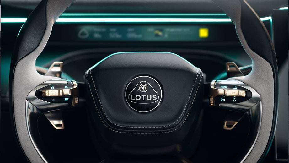 Steering wheel close-up of a Lotus Eletre