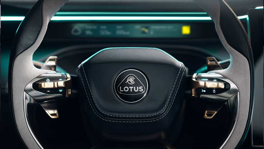 Steering wheel close-up of a Lotus Eletre