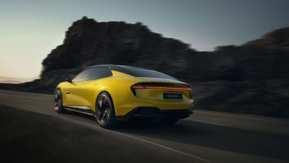 rear three-quarter of a Solar Yellow Lotus Emeya