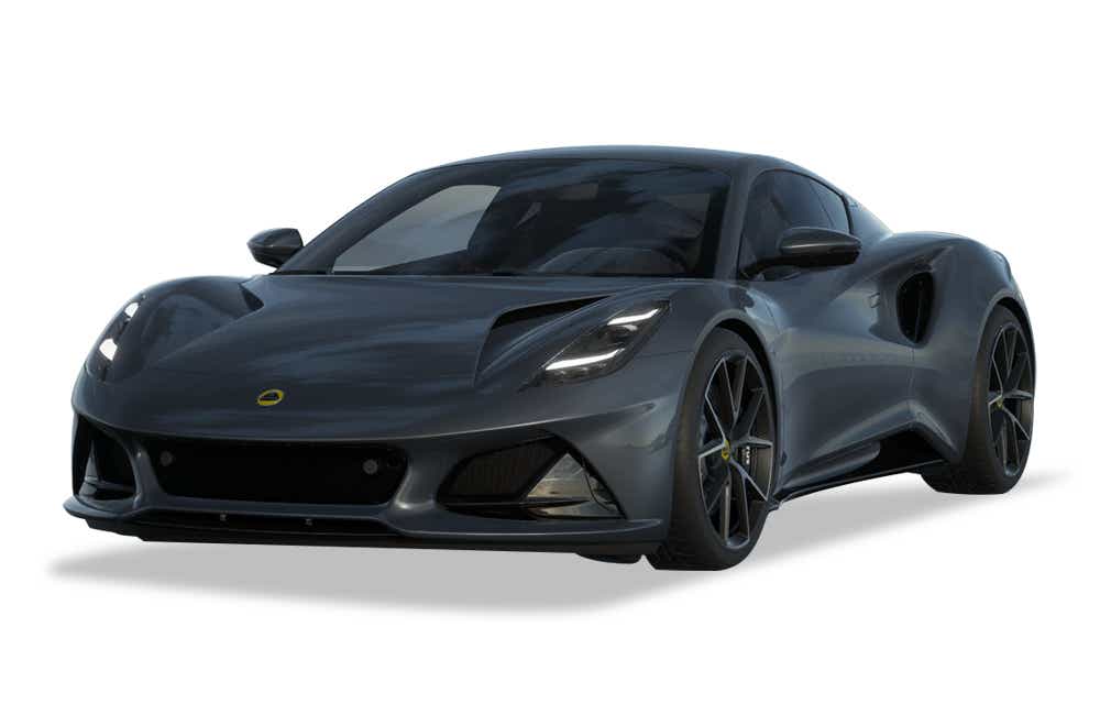 front three-quarter view of a Nimbus Grey Lotus Emira