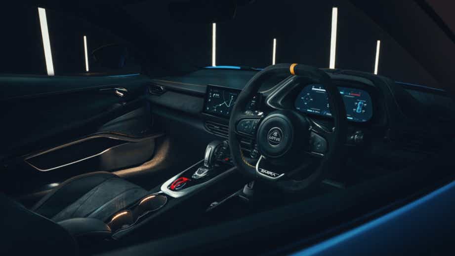 Interior dashboard and steering wheel of a Lotus Emira