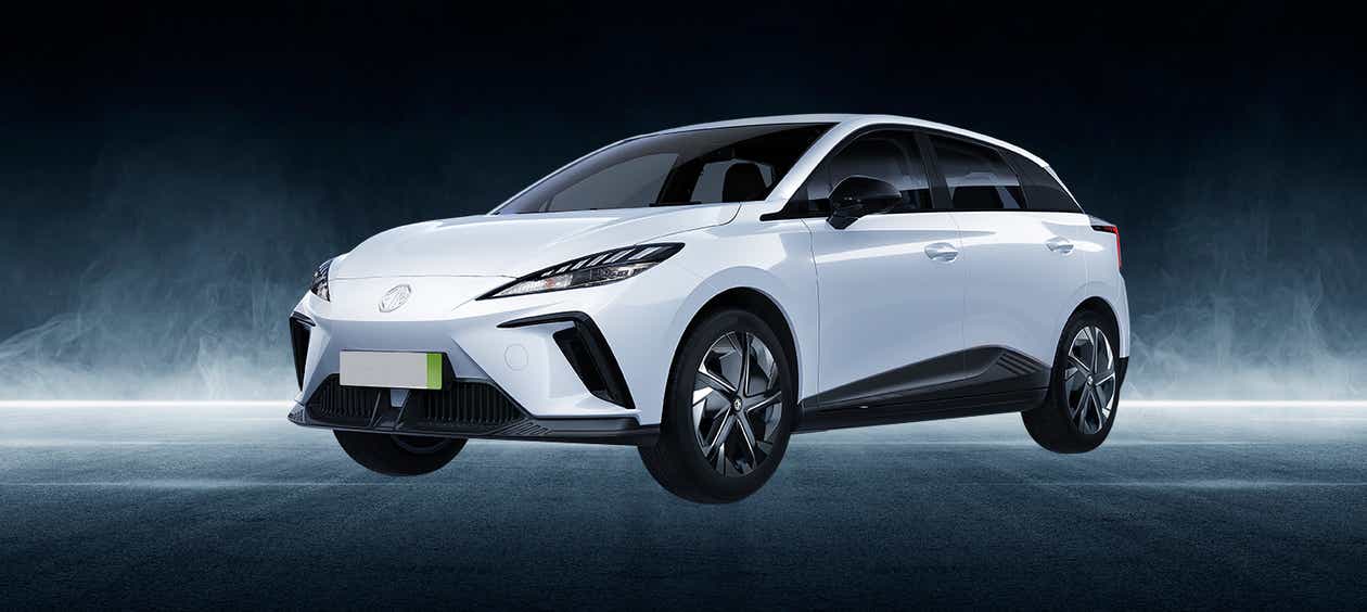 Front three-quarter view of a Candy White MG 4 EV