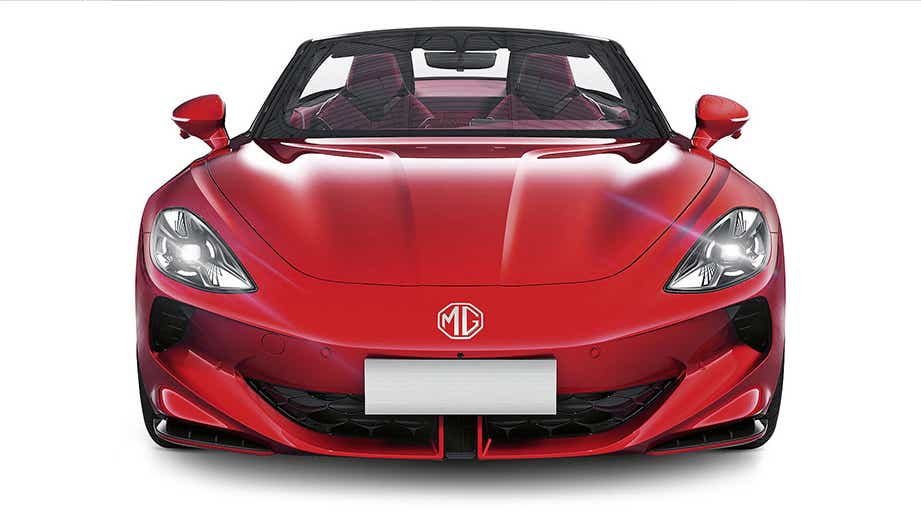 front view of an MG Cyberster convertible sports car