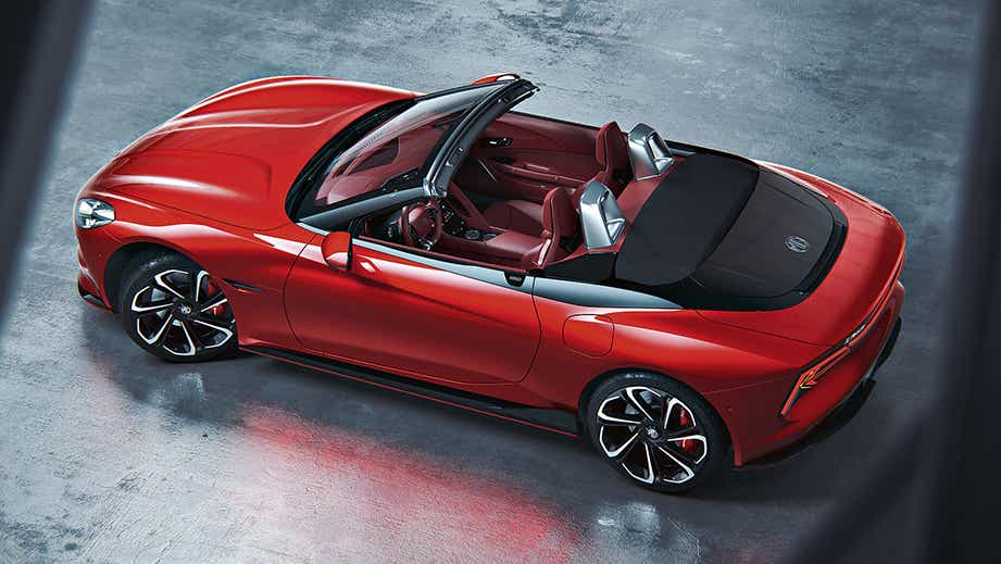 high-angle view of a MG Cyberster convertible sports car