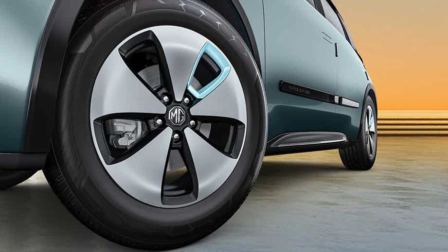 front wheel close-up of a MG Windsor EV