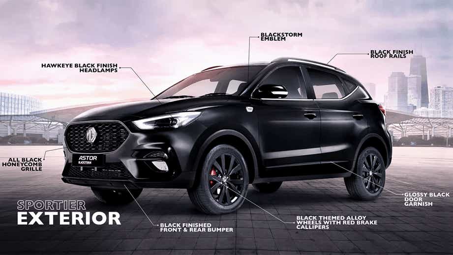 front three-quarter view of a Starry Black MG Astor