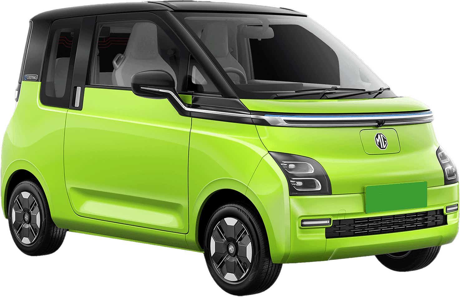front three-quarter view of a Apple Green With Starry Black MG Comet EV