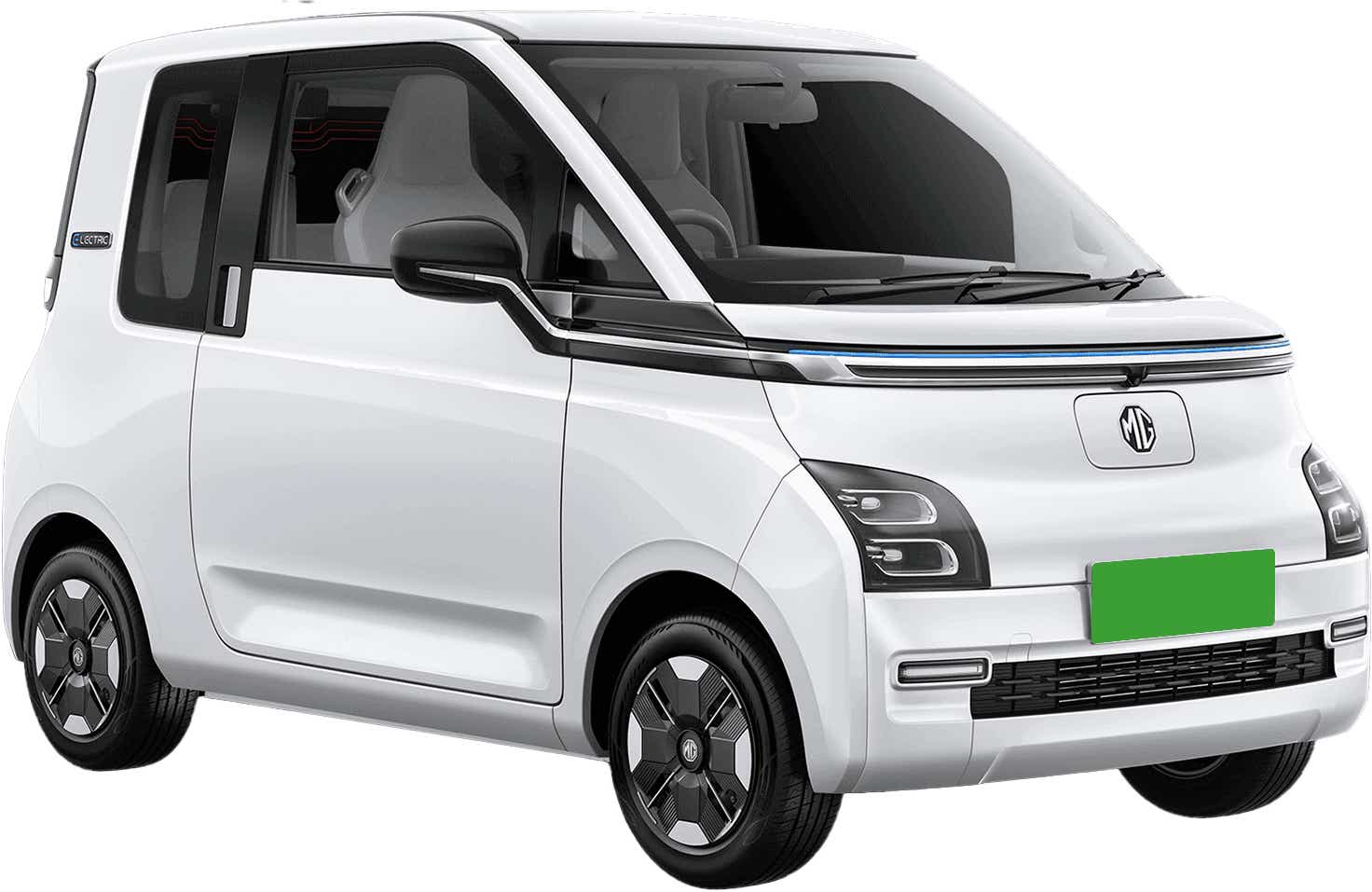 front three-quarter of a Candy White MG Comet EV