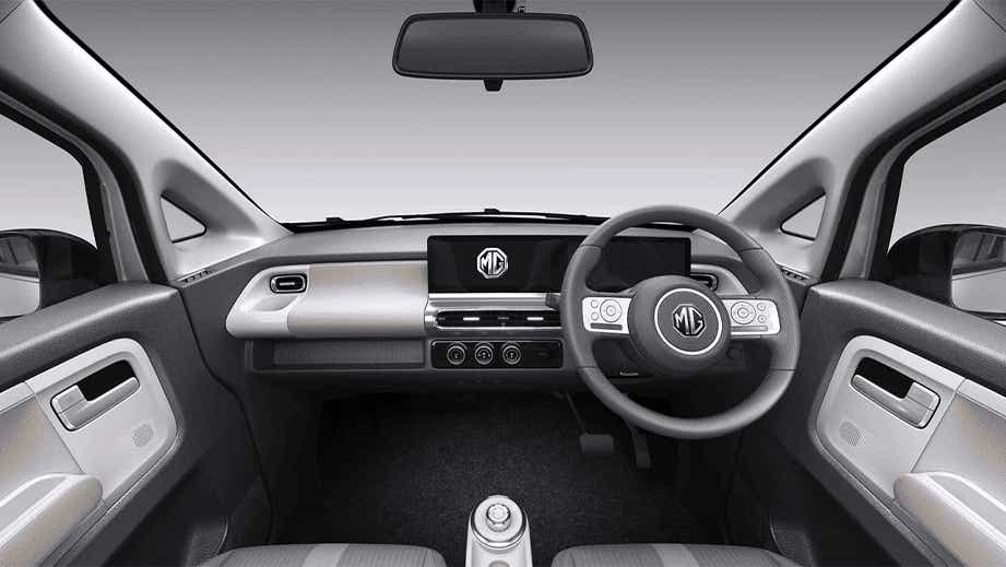 dashboard and steering wheel view of a MG Comet EV