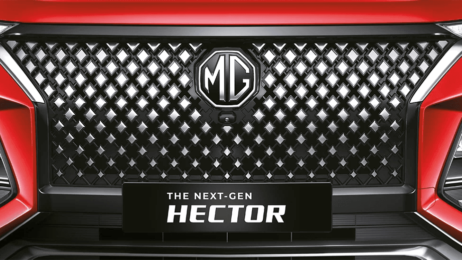 Front grille close-up of a MG Hector Plus