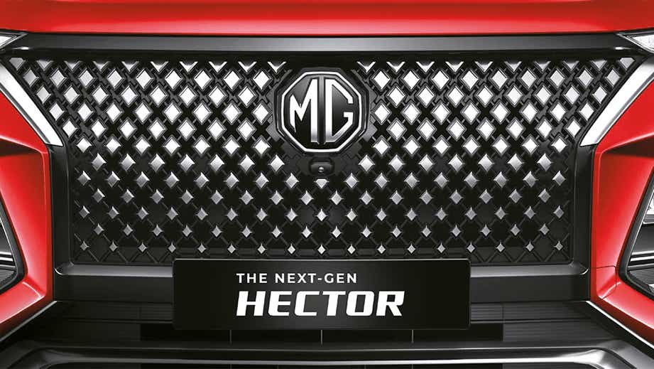 Front grille close-up of a MG Hector Plus