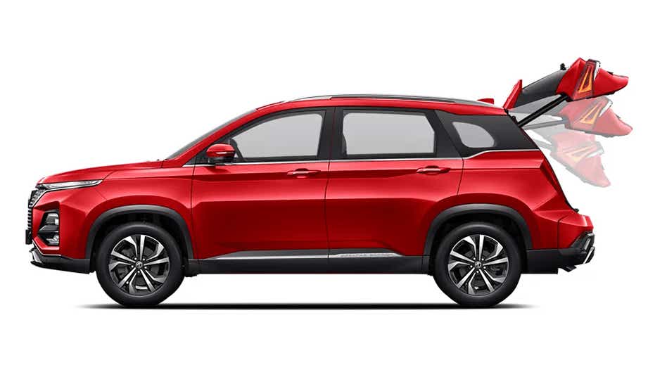 side view of a MG Hector Plus with open boot