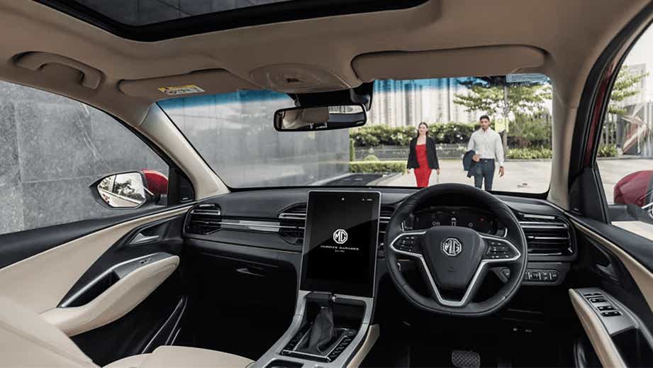 Interior dashboard view of an MG Hector Plus