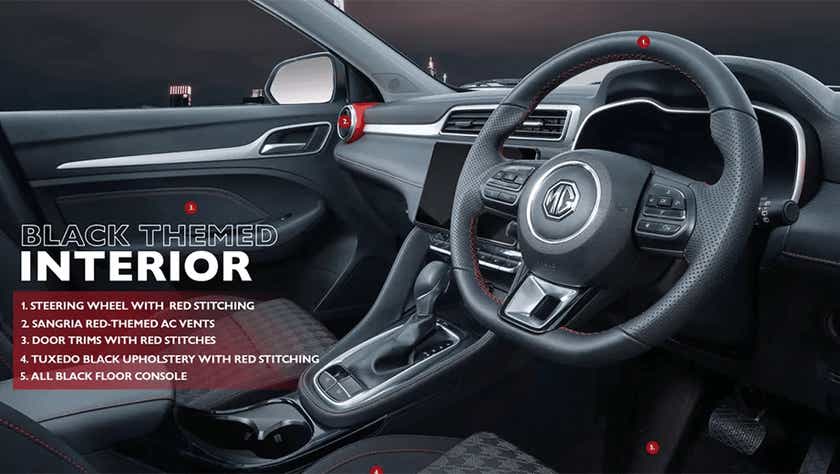 Interior dashboard and steering wheel of a MG Astor