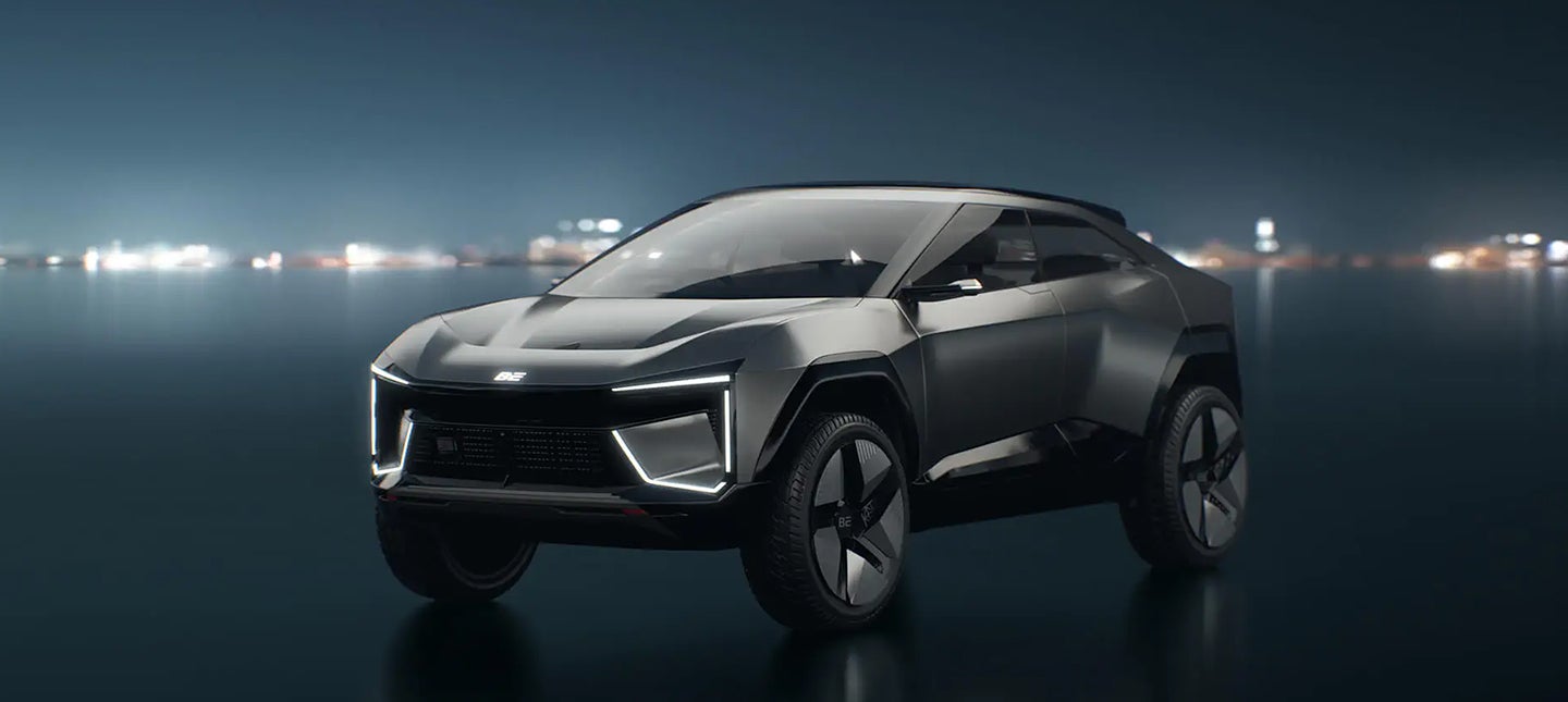 front three-quarter view of a Deep Grey Mahindra BE 05