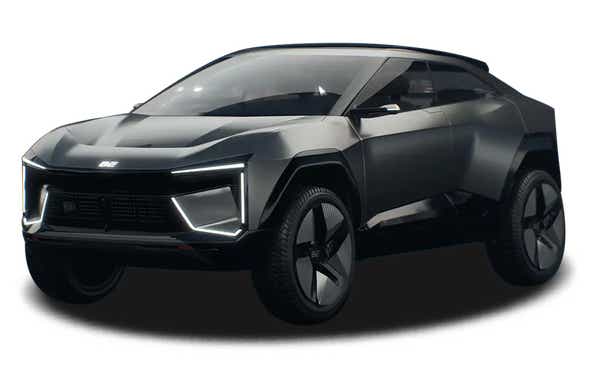 front three-quarter view of a Deep Grey Mahindra BE 05