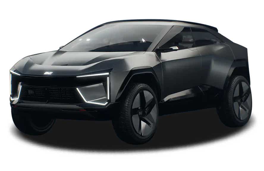 front three-quarter view of a Deep Grey Mahindra BE 05