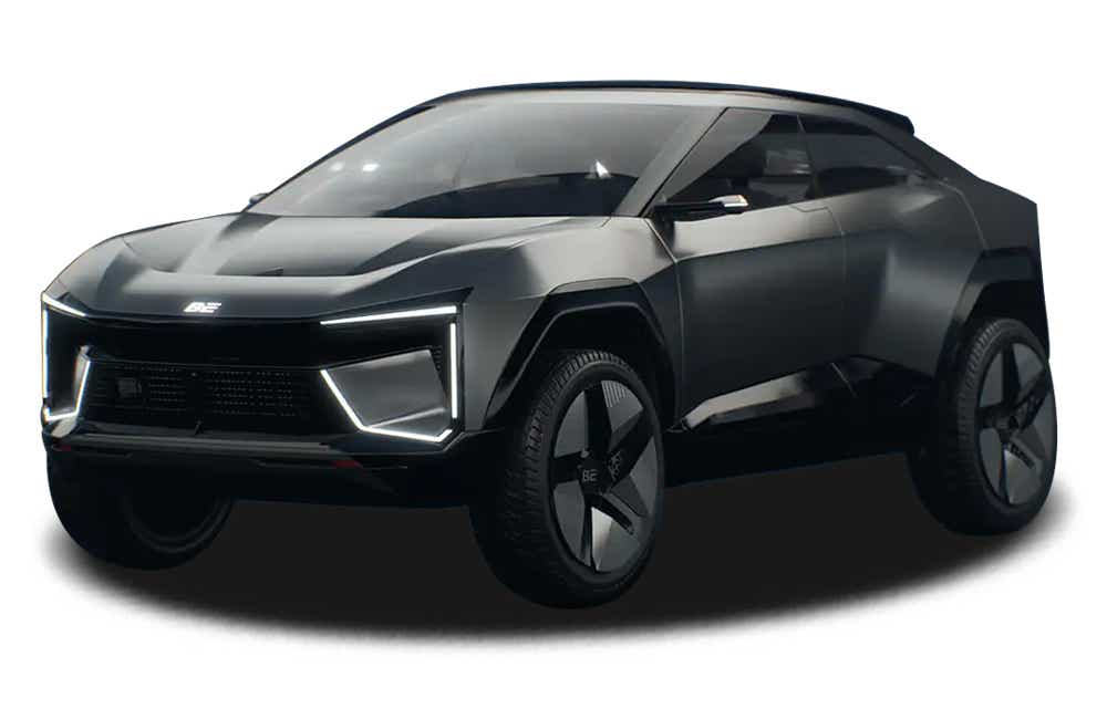 front three-quarter view of a Deep Grey Mahindra BE 05