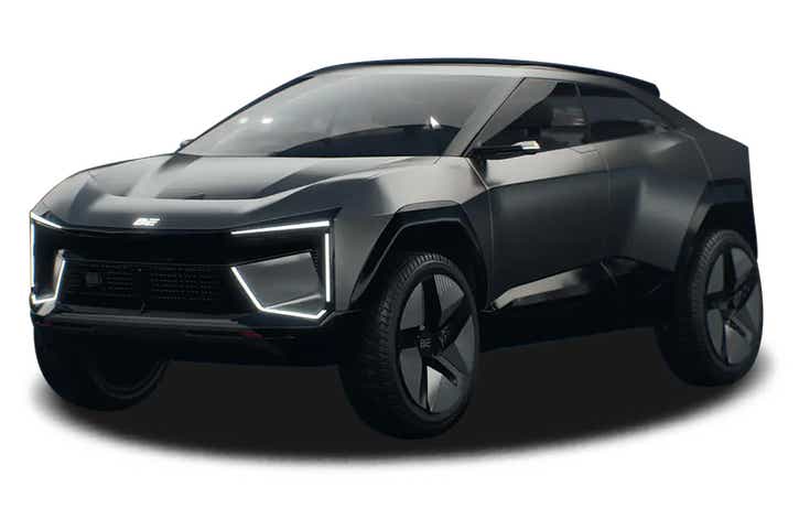 front three-quarter view of a Deep Grey Mahindra BE 05