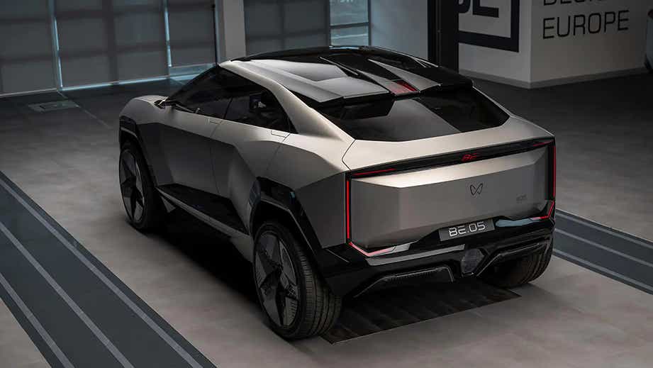 Rear three-quarter view of a Deep Grey Mahindra BE 05