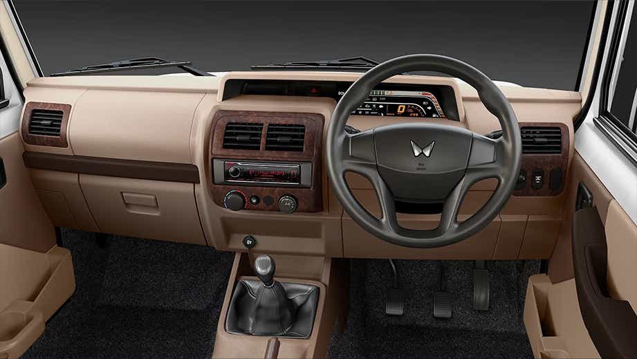 dashboard and steering wheel of a Mahindra Bolero