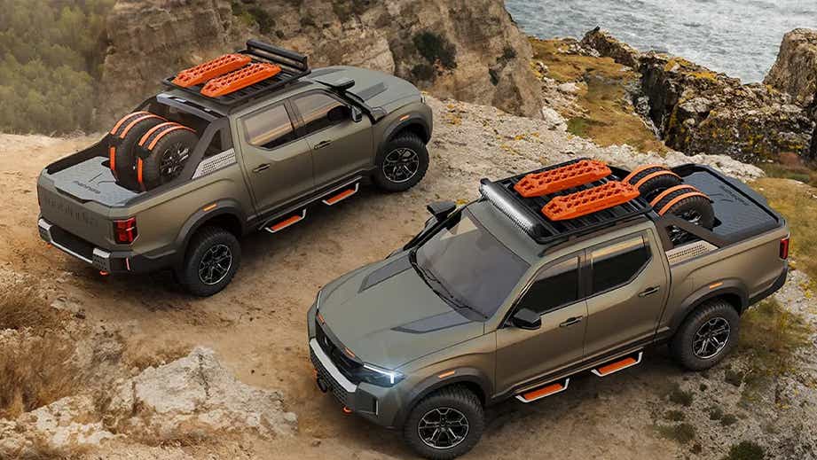 outdoor three-quarter view of a Mahindra Global Pik Up on a rocky cliff