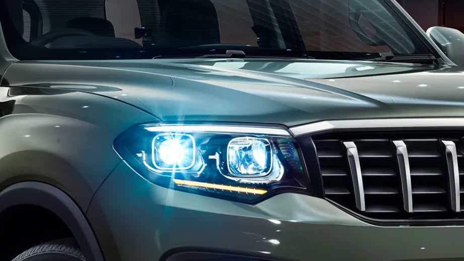 Headlight close-up of a Mahindra Scorpio-N