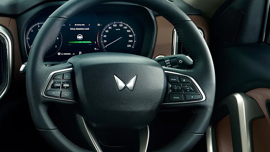 Steering wheel and dashboard of a Mahindra Scorpio-N