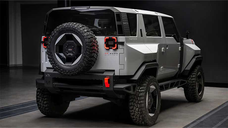 rear three-quarter view of a Mahindra Thar E