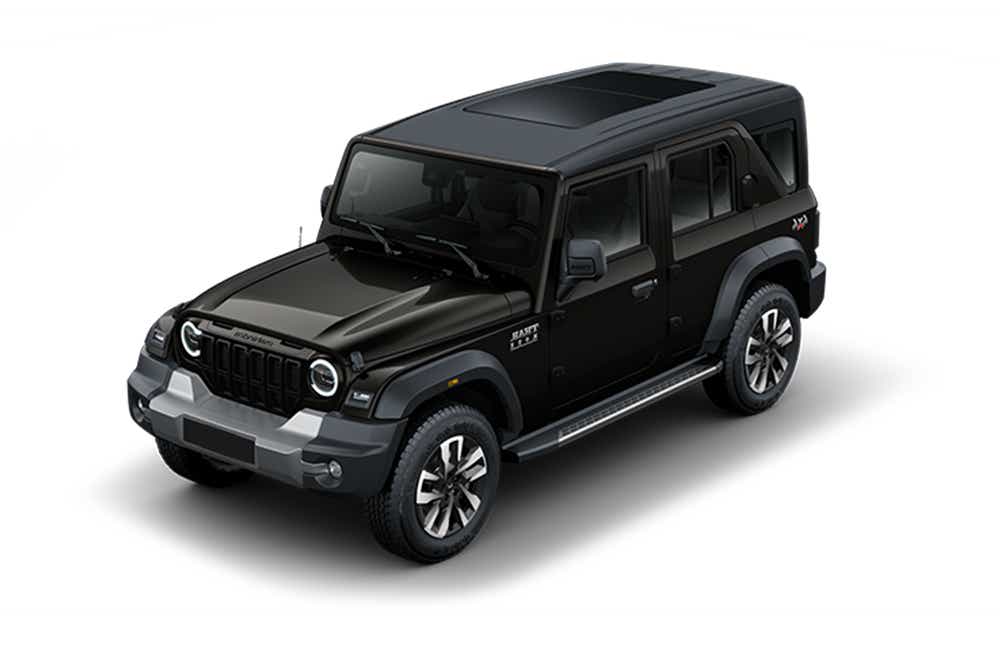 front three-quarter view of a Stealth Black Mahindra Thar ROXX