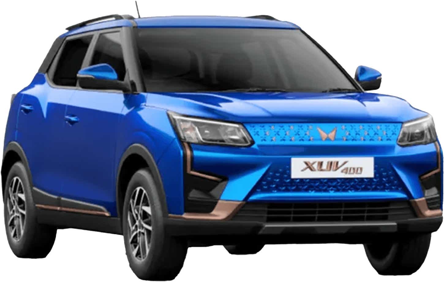 Front three-quarter view of a Infinity Blue Mahindra XUV400 EV