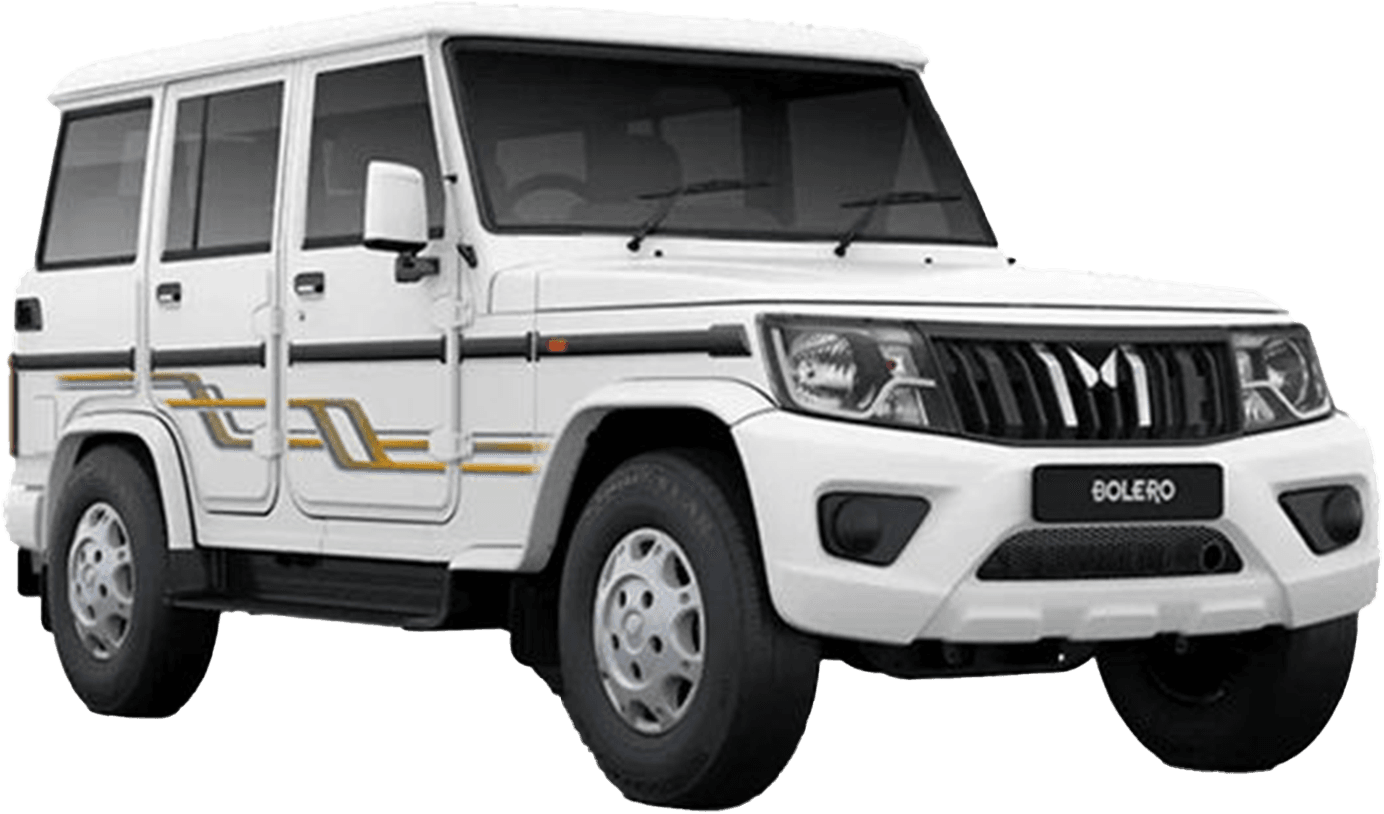 front three-quarter view of a Diamond White Mahindra Bolero