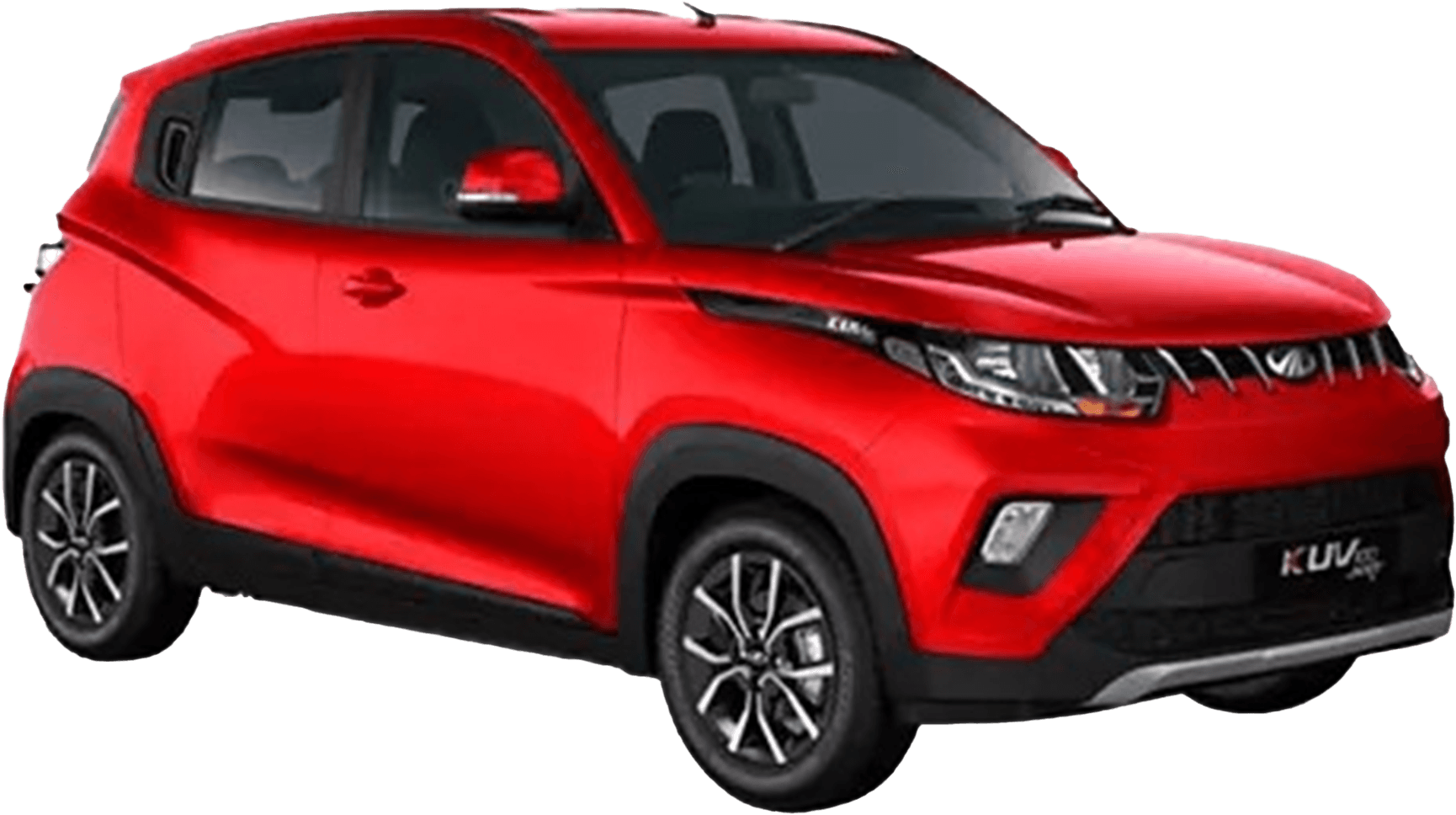 Front three-quarter view of a Flamboyant Red Mahindra KUV 100 NXT