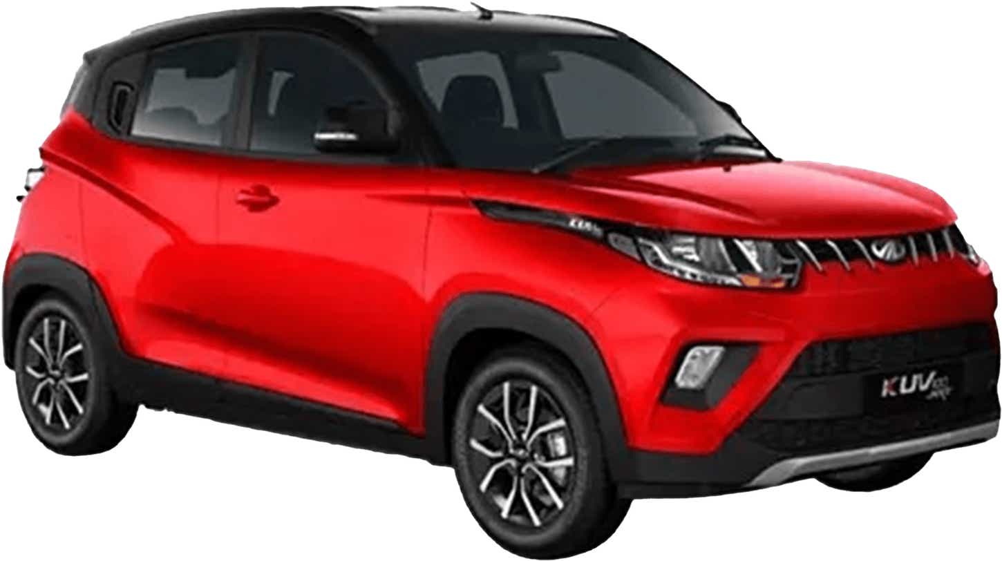 front three-quarter view of a Flamboyant Red Mahindra KUV 100 NXT