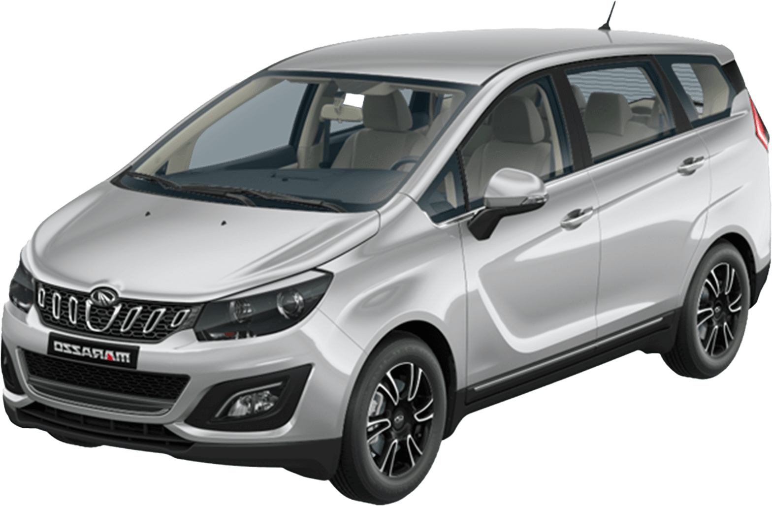 front three-quarter view of a Shimmering Silver Mahindra Marazzo