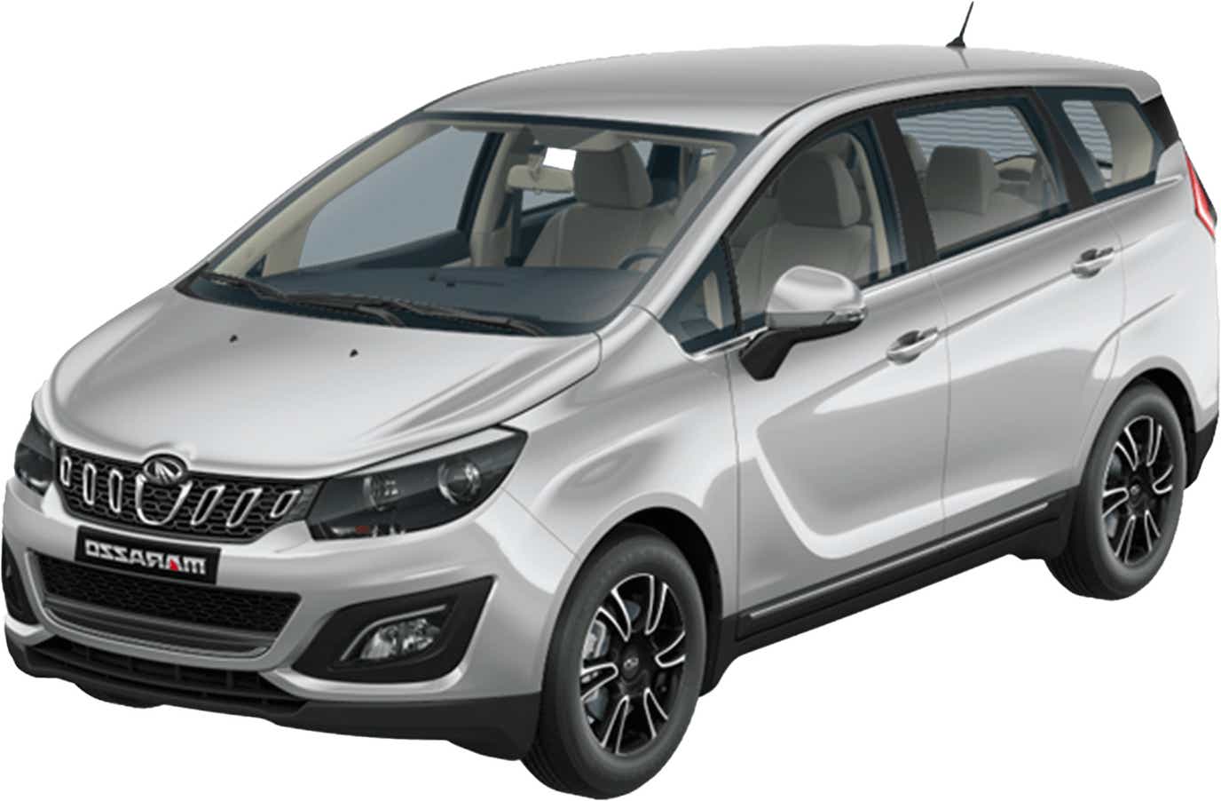 front three-quarter view of a Shimmering Silver Mahindra Marazzo