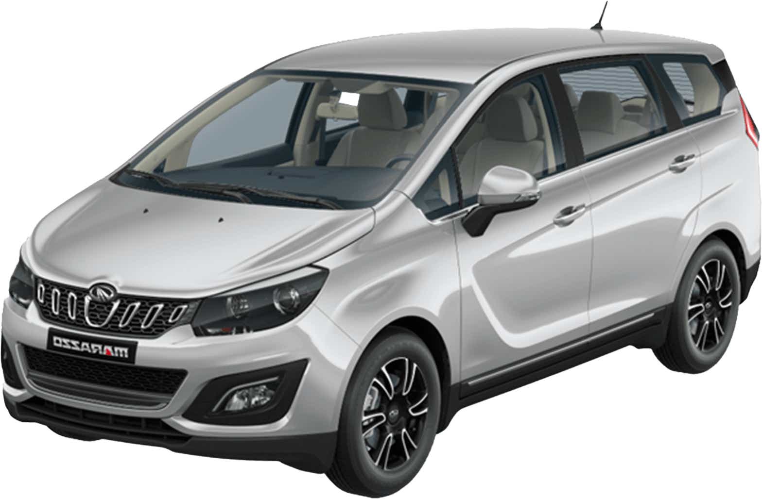 front three-quarter view of a Shimmering Silver Mahindra Marazzo
