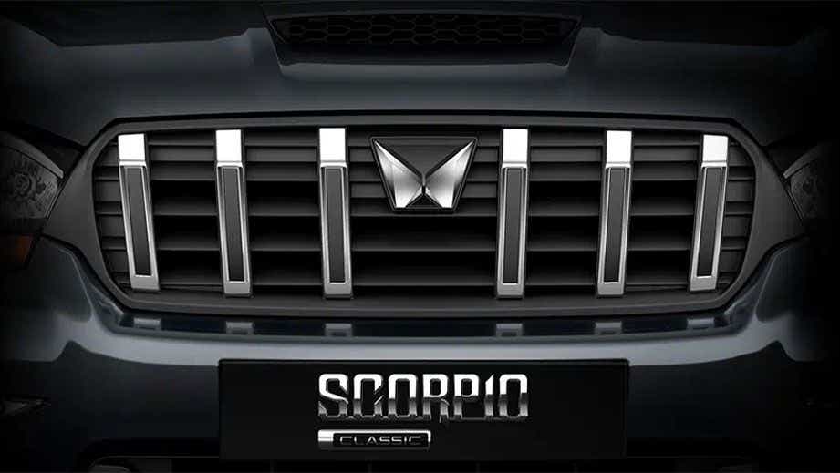 Front grille close-up of a Mahindra Scorpio Classic