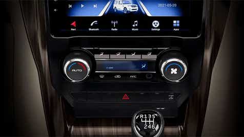 Dashboard controls and gear shifter of a Mahindra Scorpio Classic