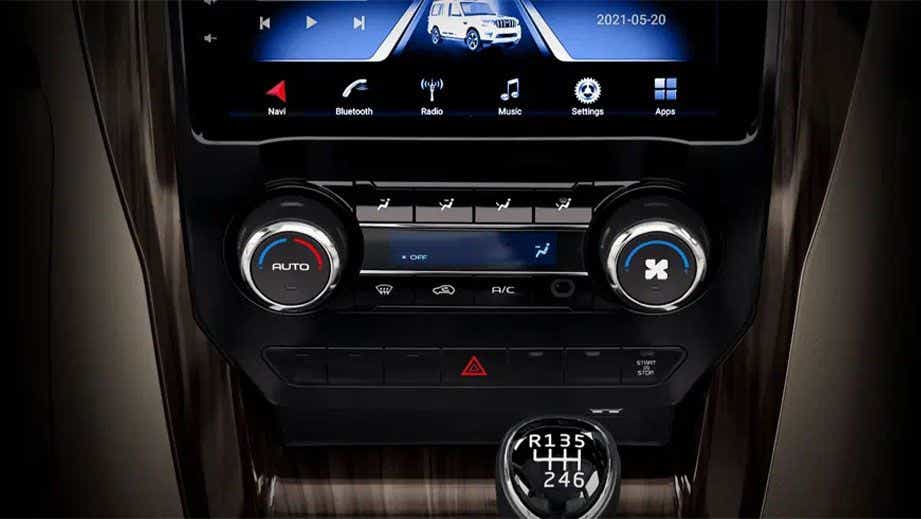 Dashboard controls and gear shifter of a Mahindra Scorpio Classic