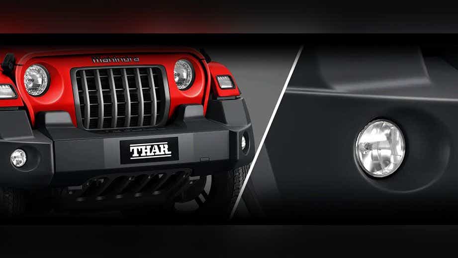 Front grille and bumper view of a Mahindra Thar