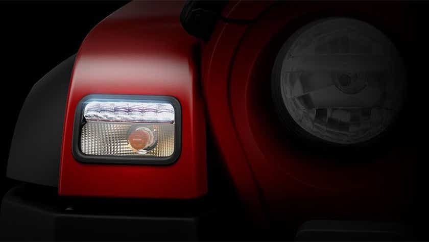 Headlight close-up of a Mahindra Thar