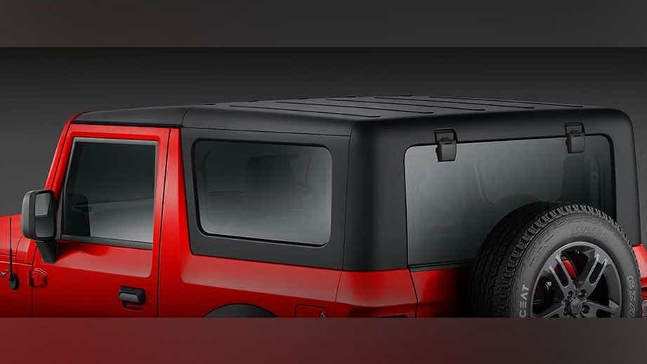 side and rear view of a Mahindra Thar hardtop