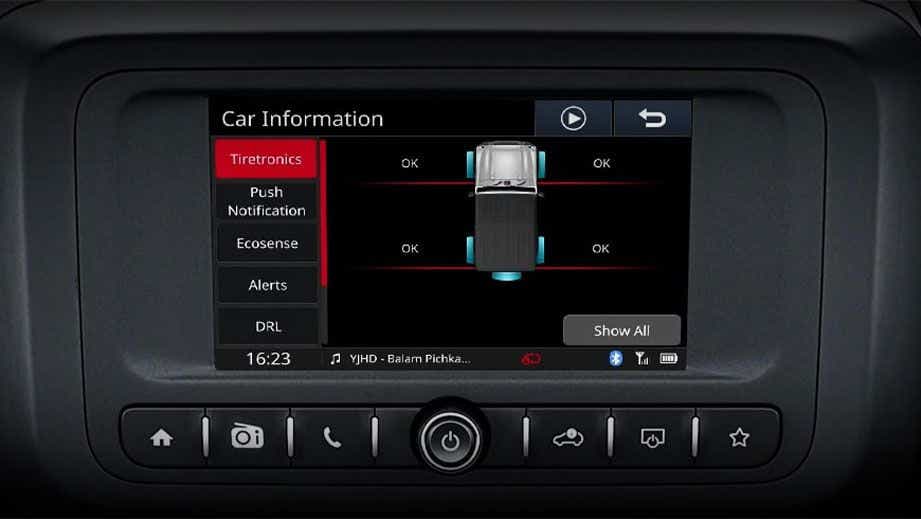 infotainment screen showing car information system of a Mahindra Thar