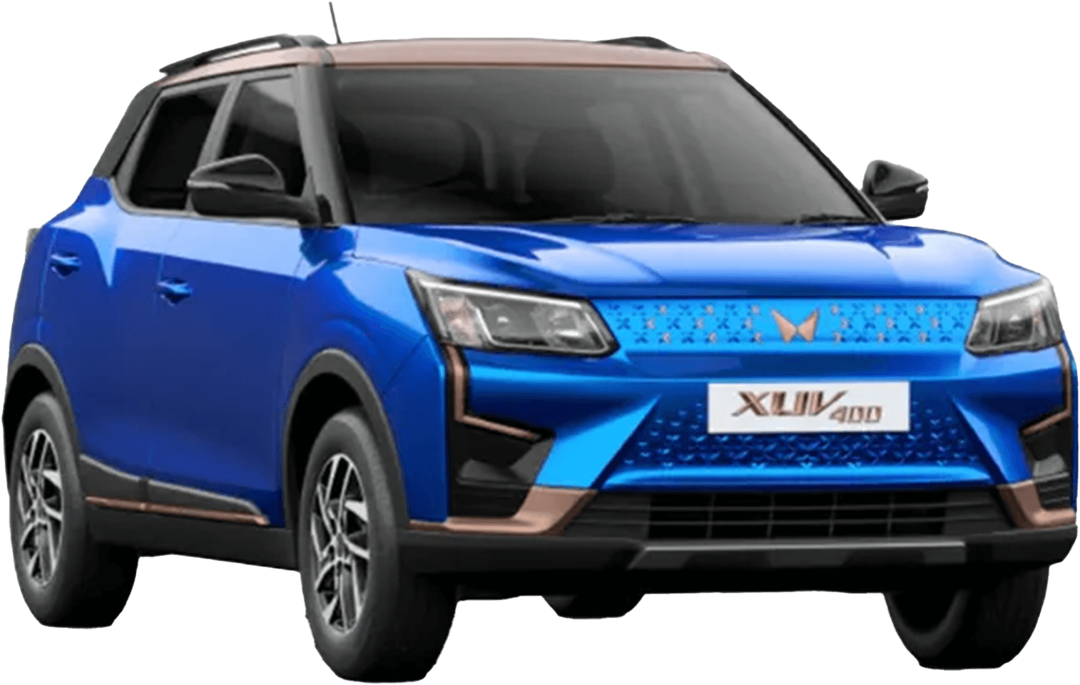 front three-quarter view of a Infinity Blue Dualtone Mahindra XUV400 EV