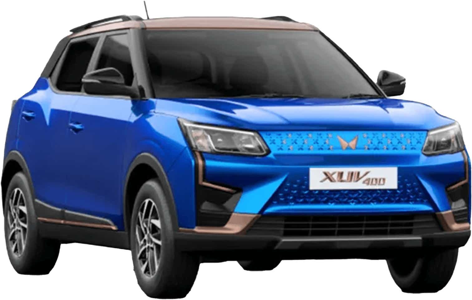 front three-quarter view of a Infinity Blue Dualtone Mahindra XUV400 EV