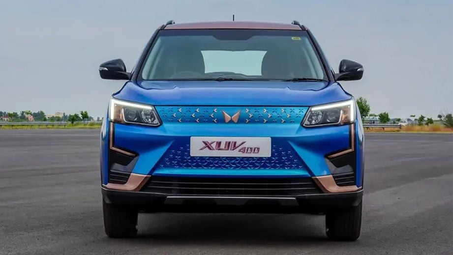 Front view of a Infinity Blue Dualtone Mahindra XUV400 EV