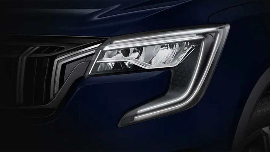 Headlight close-up of a Mahindra XUV700