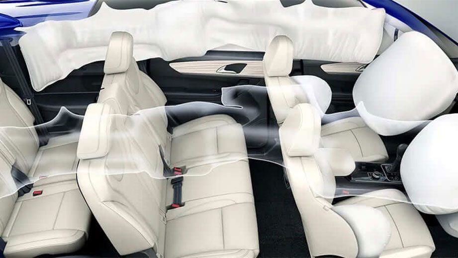 interior view of a Mahindra XUV700 showing airbags deployed