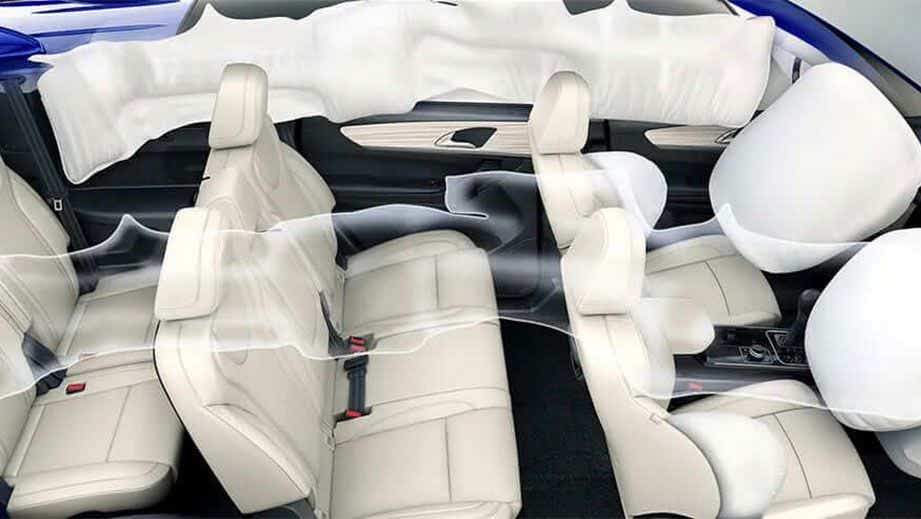 interior view of a Mahindra XUV700 showing airbags deployed
